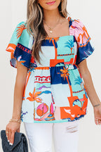 Sky Blue Tropical Printed Square Neck Flutter Sleeve Babydoll Blouse