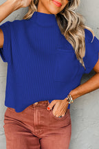 Oatmeal Patch Pocket Ribbed Knit Short Sleeve Sweater