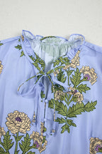 Sky Blue Floral Print Button Tie Neck Long Puff Sleeve Blouse