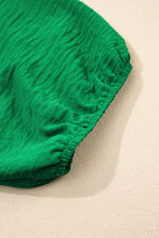 Dark Green Solid Color Ruched Crossed Waist Tied Back Short Sleeve Peplum Top