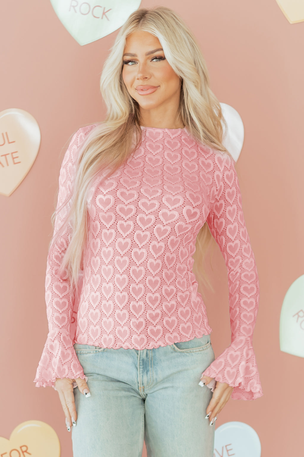 Gossamer Pink Heart Jacquard Flare Sleeve Mock Neck Fitted Top