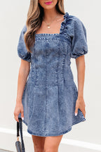 Blue Frilly Square Neck Bustier Puff Sleeve Short Denim Dress