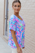 Sky Blue Loose Painted Floral Tee