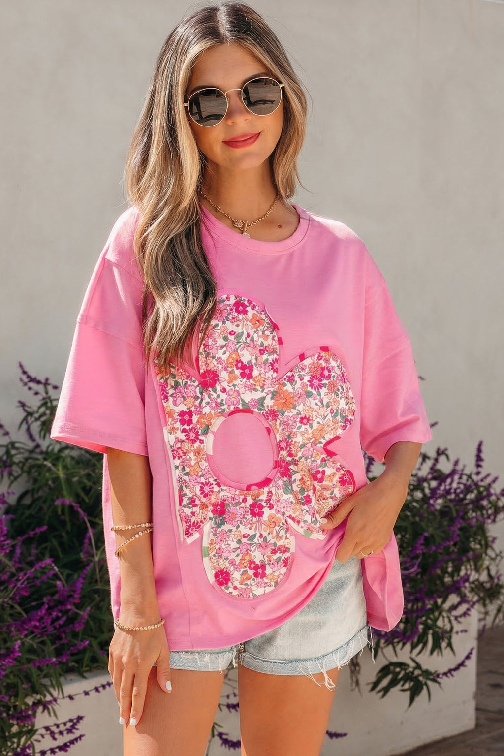 Bright Pink Floral Patched Raw Seam Big Flower Oversize Tee