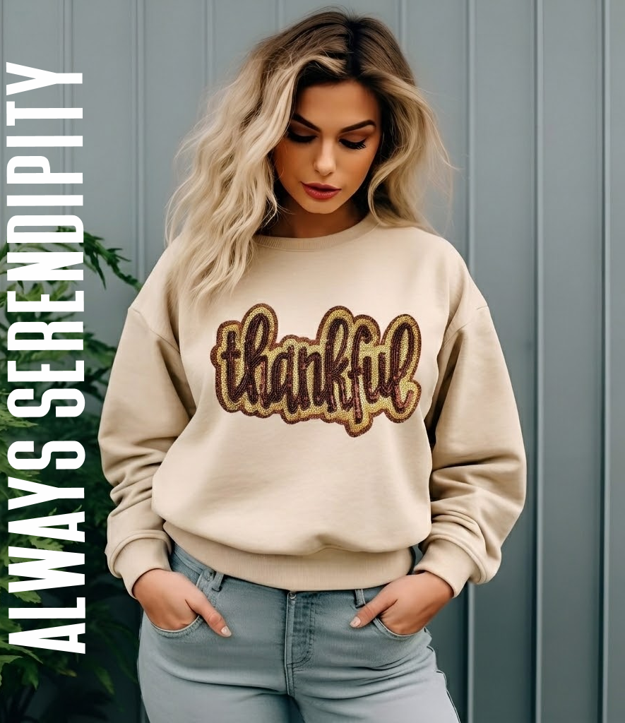 Thankful Sequin Bubble Letter Sweatshirt | Neutral Fall & Thanksgiving Crewneck
