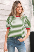 Rose Stripe Short Puff Sleeve Contrast Trim Round Neck Tee