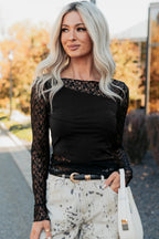 Black Asymmetric Panels Sheer Floral Lace Patchwork Long Sleeve Top