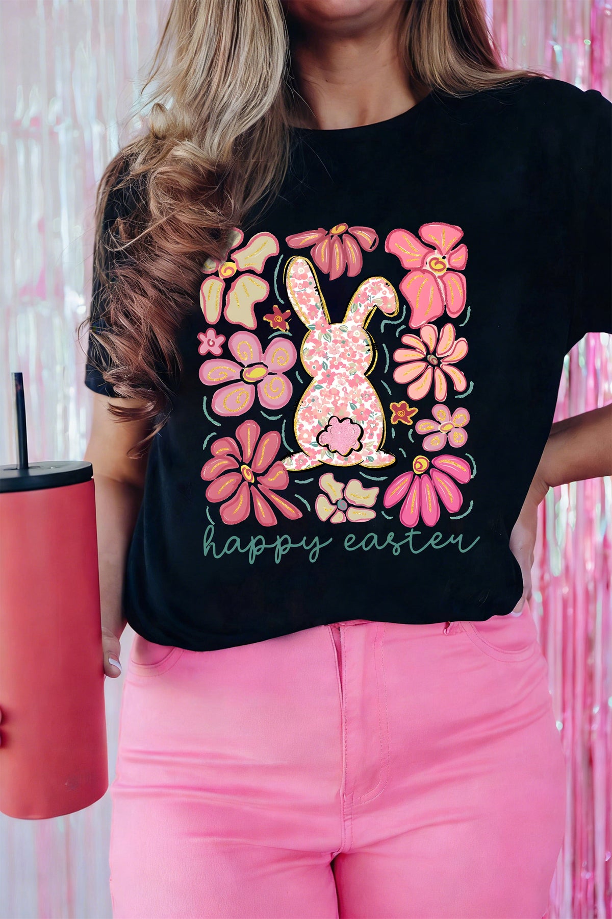 Black Happy Easter Bunny Flower Printed Casual Tee