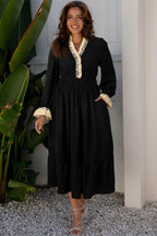 Black Contrast Leopard Frilled Trim V Neck Bracelet Sleeve Midi Dress