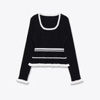 Slim fit U-neck casual patchwork ribbed knit sweater