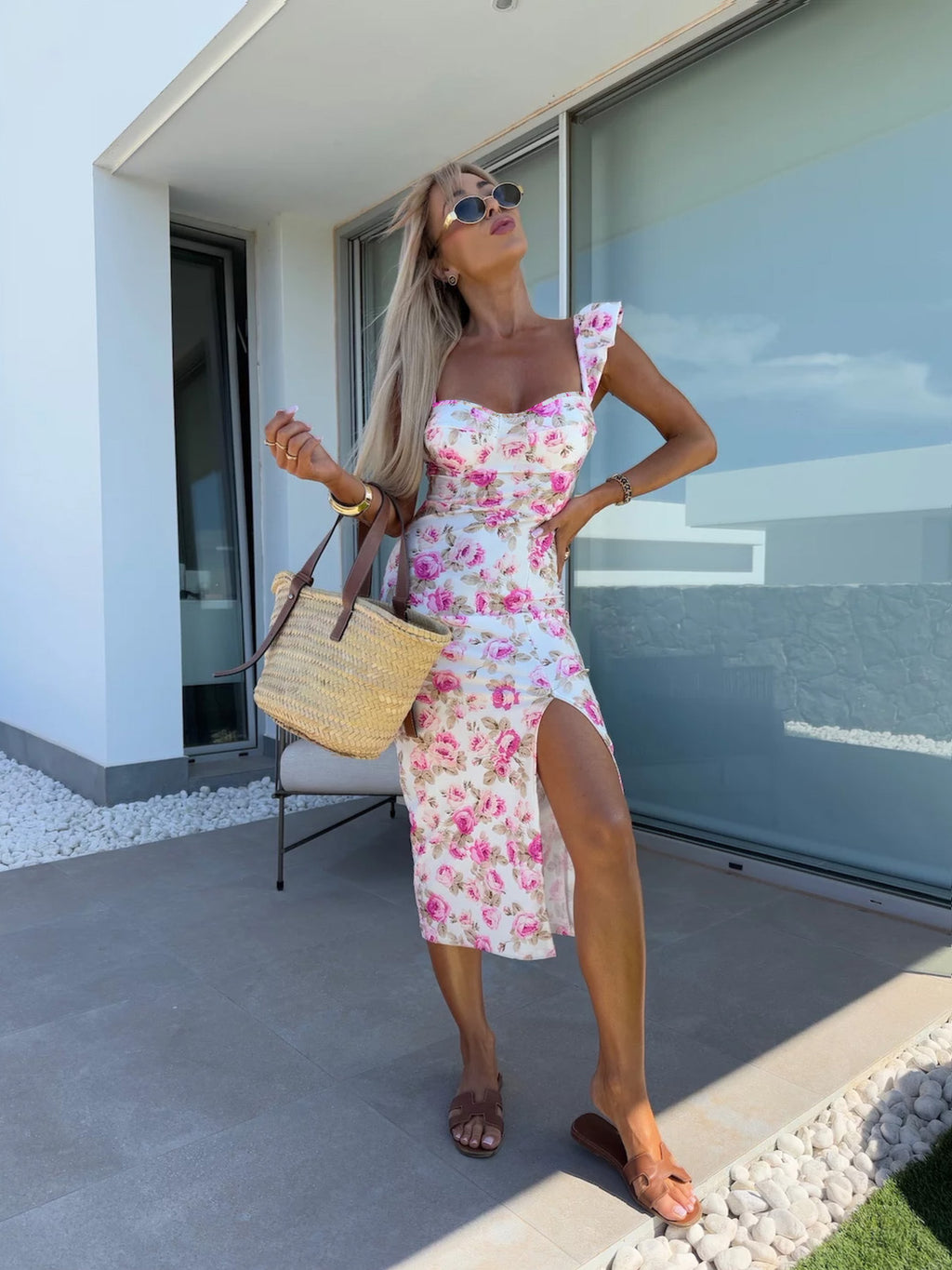 Elegant French Floral Strap Split Midi Women's Dress