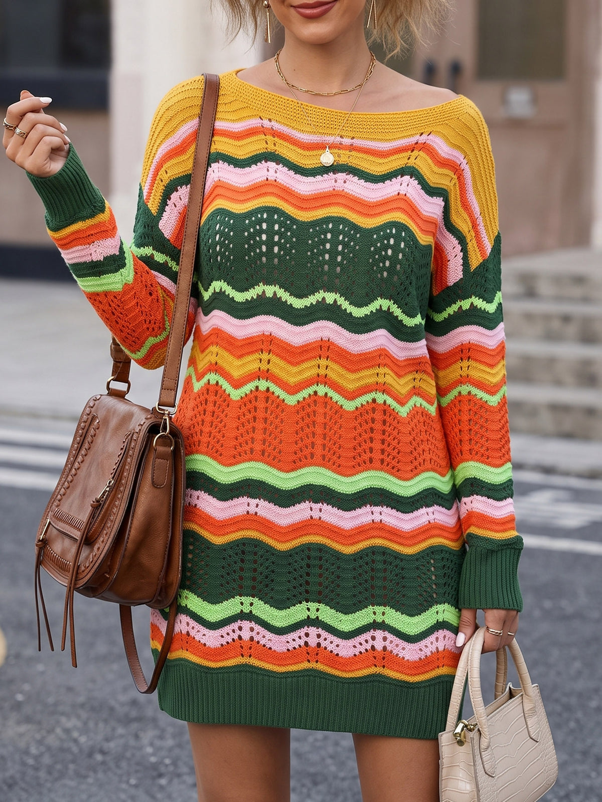 Lady's Dress Rainbow Pattern Woven Color-Blocked Stripe Pullover Knit Dress