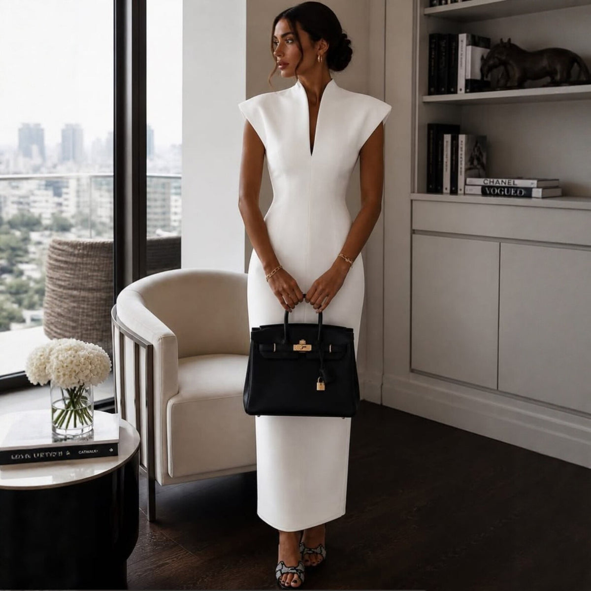 Stand-up Collar V-Neck Sleeveless Fitted Bodycon Dress Evening Gown