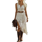 Women's Vintage Bohemian White Lace Sleeveless Mid-length Dress