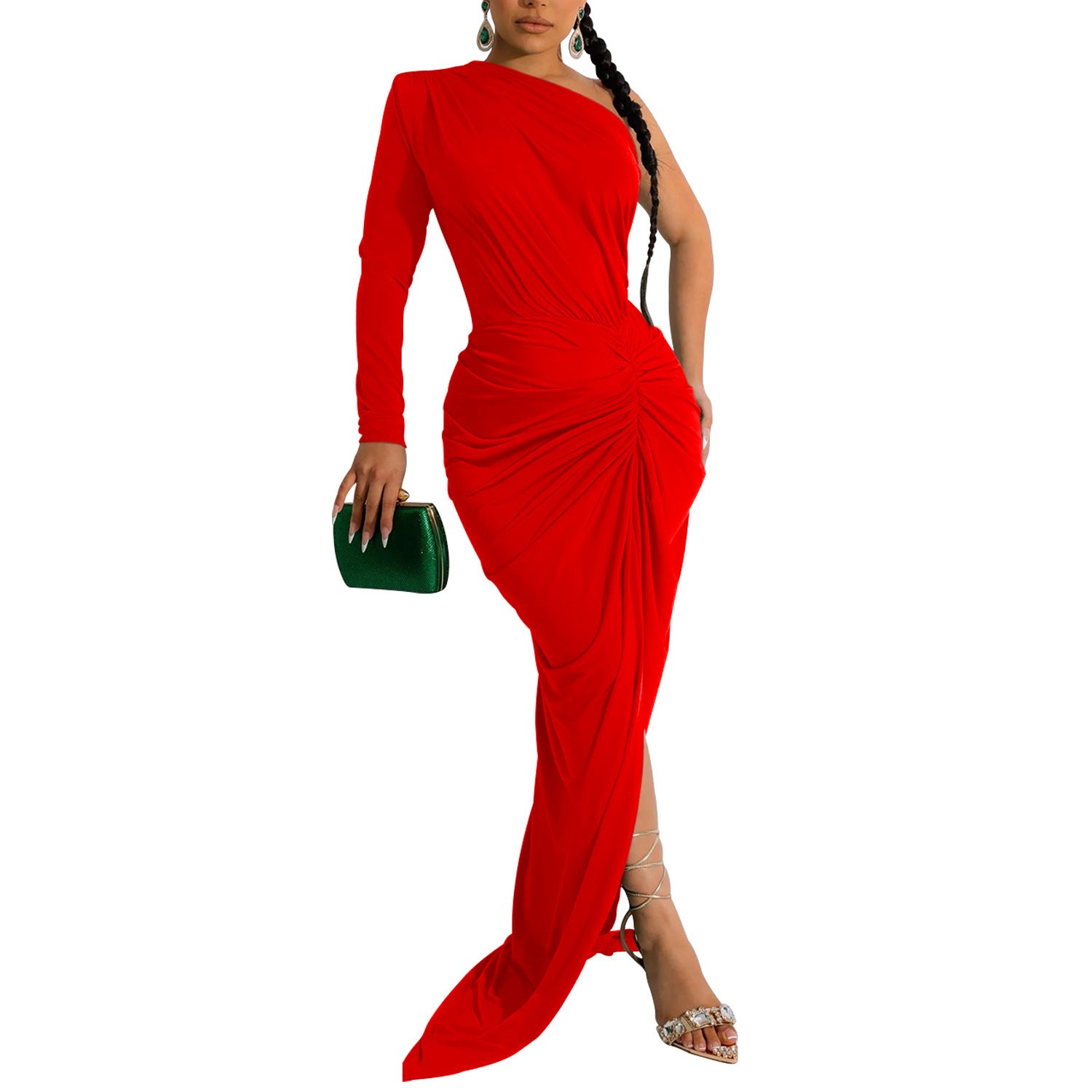 Fashion Women's Solid Color Asymmetrical Neck Single Long Sleeve Long Dress with Pleats