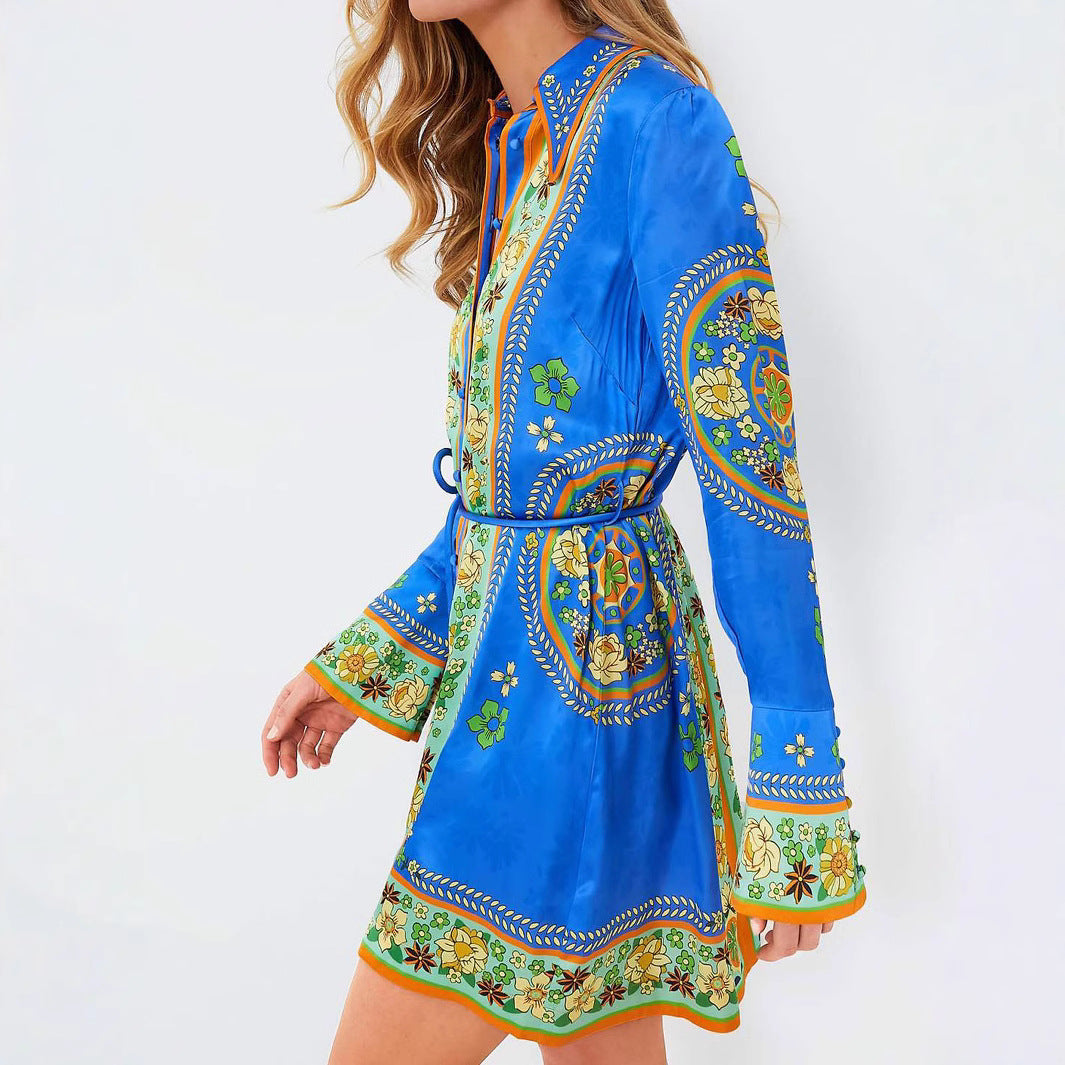 Chic Printed Belted Waist Vacation Long Sleeve Dress with Turn-Down Collar and Flared Sleeves for Women