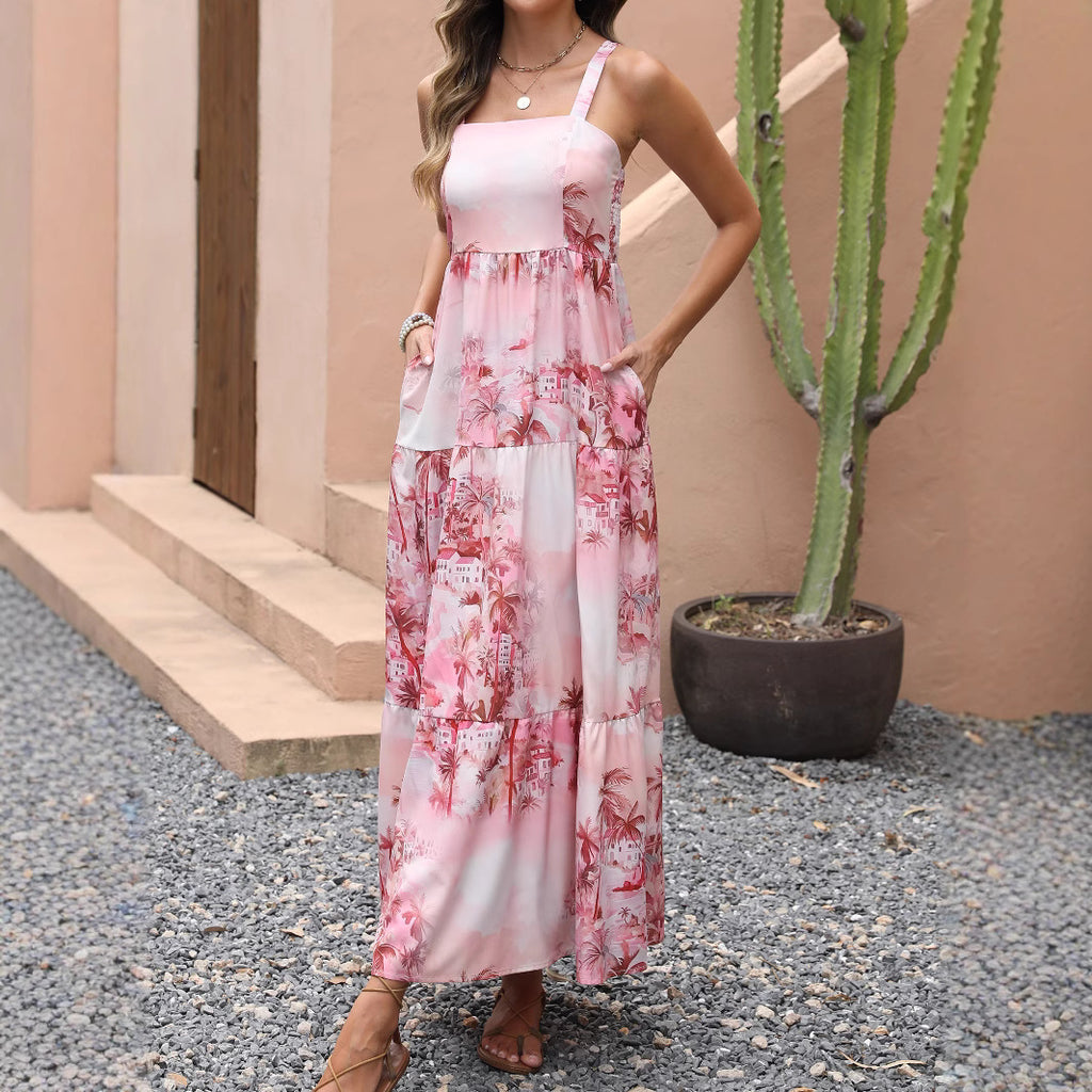 Real Shot Summer Strapless Ink Pocket Dress Beach Vacation Coconut Tree Bohemian Maxi Skirt
