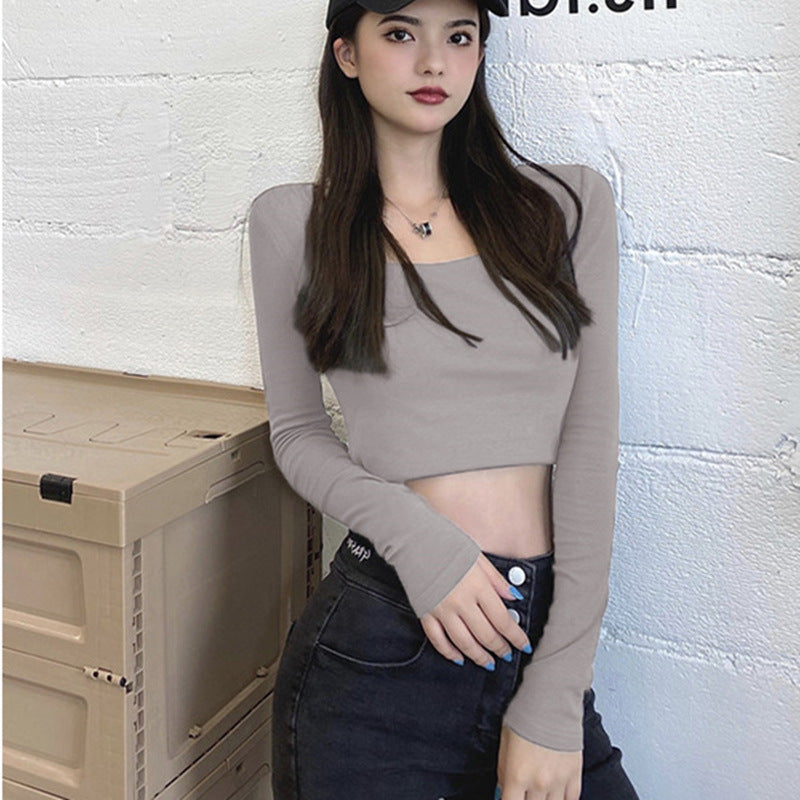 T-shirt Innerwear Vintage Fitted Top for Women Long Sleeve Early Autumn Square Neck Basic Shirt Trendy