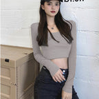 T-shirt Innerwear Vintage Fitted Top for Women Long Sleeve Early Autumn Square Neck Basic Shirt Trendy
