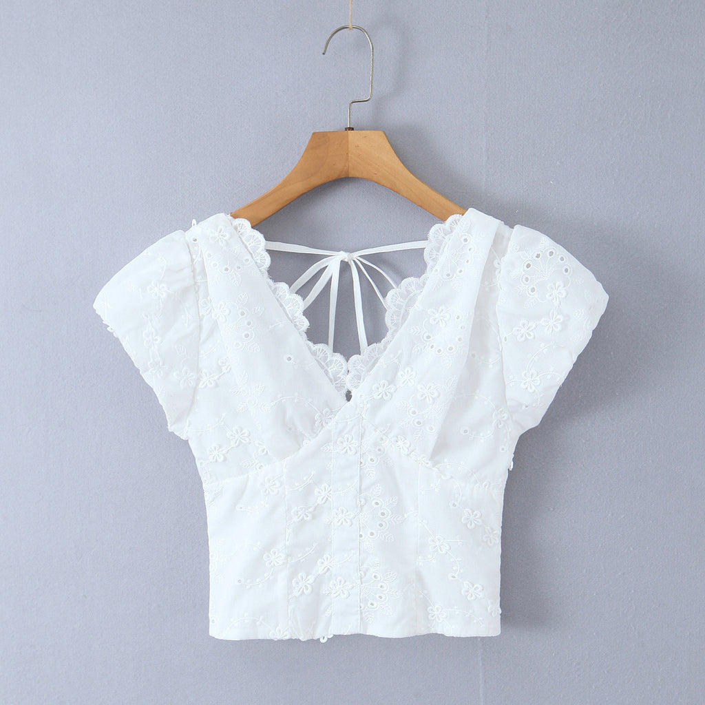 Simple Solid Color Embroidered Back Zipper Puff Sleeve V-Neck Top for Women