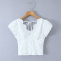 Simple Solid Color Embroidered Back Zipper Puff Sleeve V-Neck Top for Women