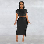 FashionableStyle Solid Color Fringe Round Neck Short Sleeve Long Dress Two-Piece Set