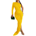 Fashion Women's Solid Color Asymmetrical Neck Single Long Sleeve Long Dress with Pleats