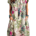 Style Printed Cap Sleeve Round Neck Patch Pocket A-line Dress