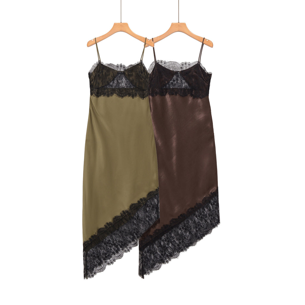 New Women's Elegant Satin Asymmetrical Lace Dress