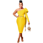 Chic Women's Single Long Sleeve Dress with Asymmetrical Neckline and Bow Ribbon Detail