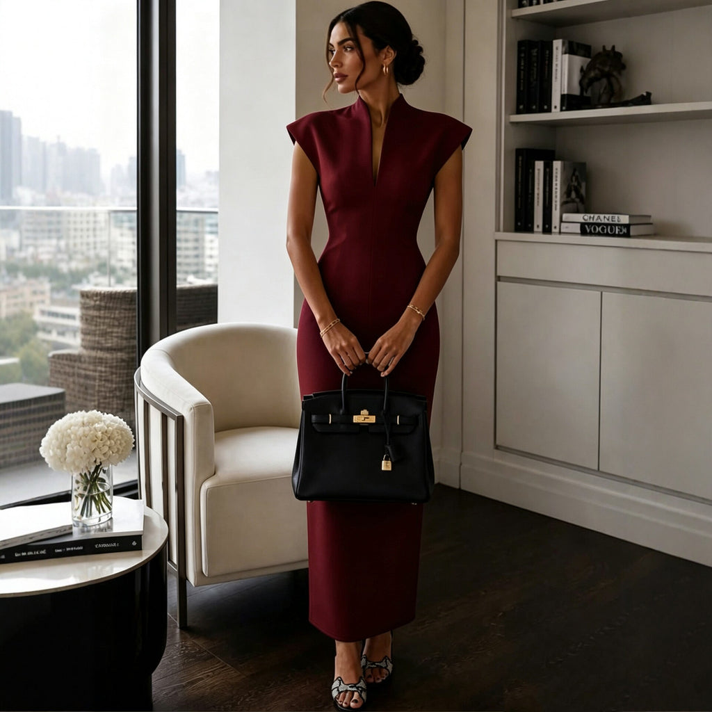 Stand-up Collar V-Neck Sleeveless Fitted Bodycon Dress Evening Gown
