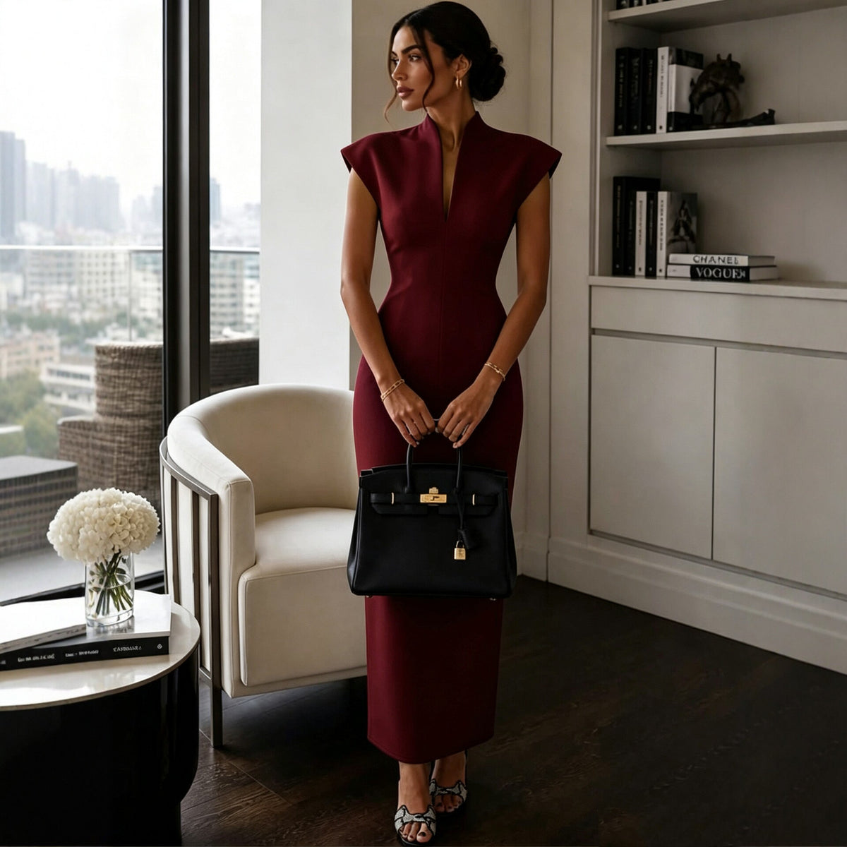 Stand-up Collar V-Neck Sleeveless Fitted Bodycon Dress Evening Gown