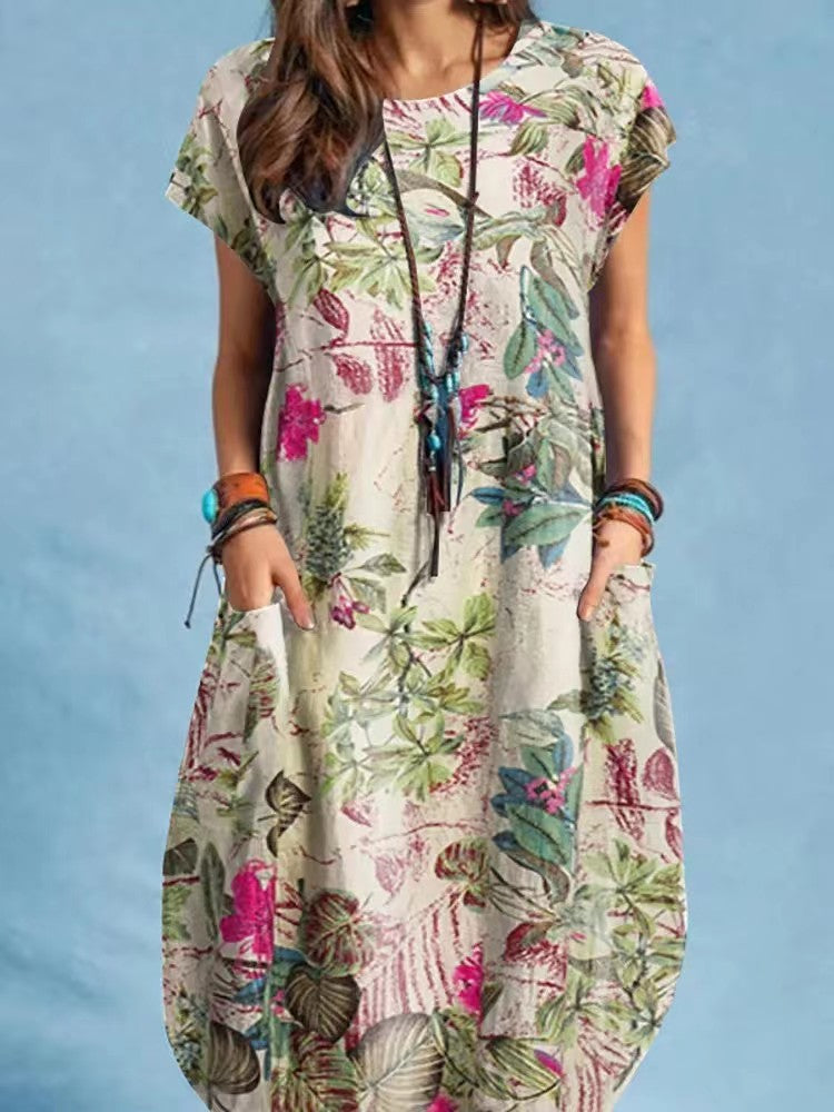 Style Printed Cap Sleeve Round Neck Patch Pocket A-line Dress