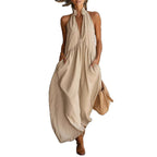 Style Sleeveless Stand Collar Solid Color Long Vacation Dress for Women