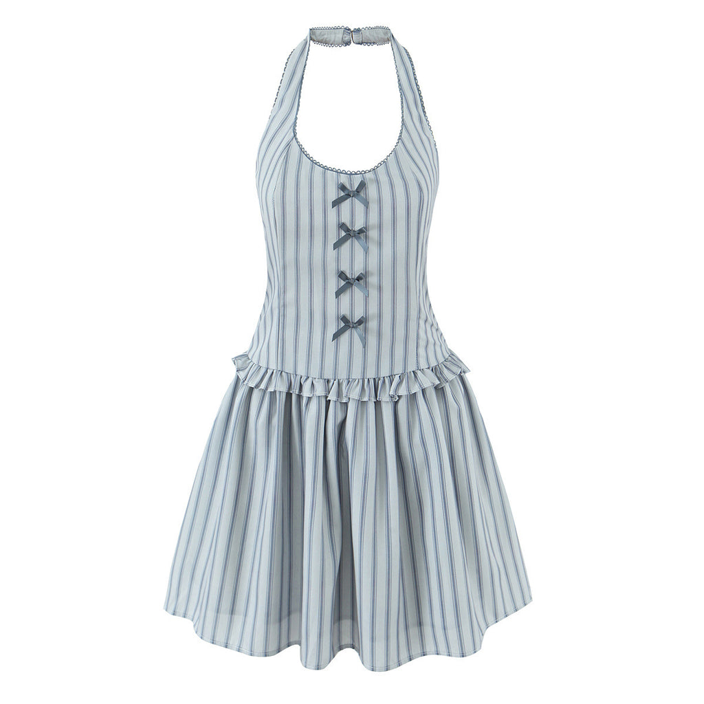 Striped printed bow hanging neck vest dress