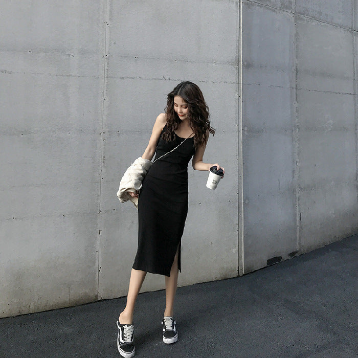 Chic Mid-Length Strap Dress for Women, Summer Casual Open-Side Slim-Fit Inner Layer Dress
