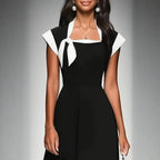 Elegant Vintage Square Neck  Dress with Bow Detailing