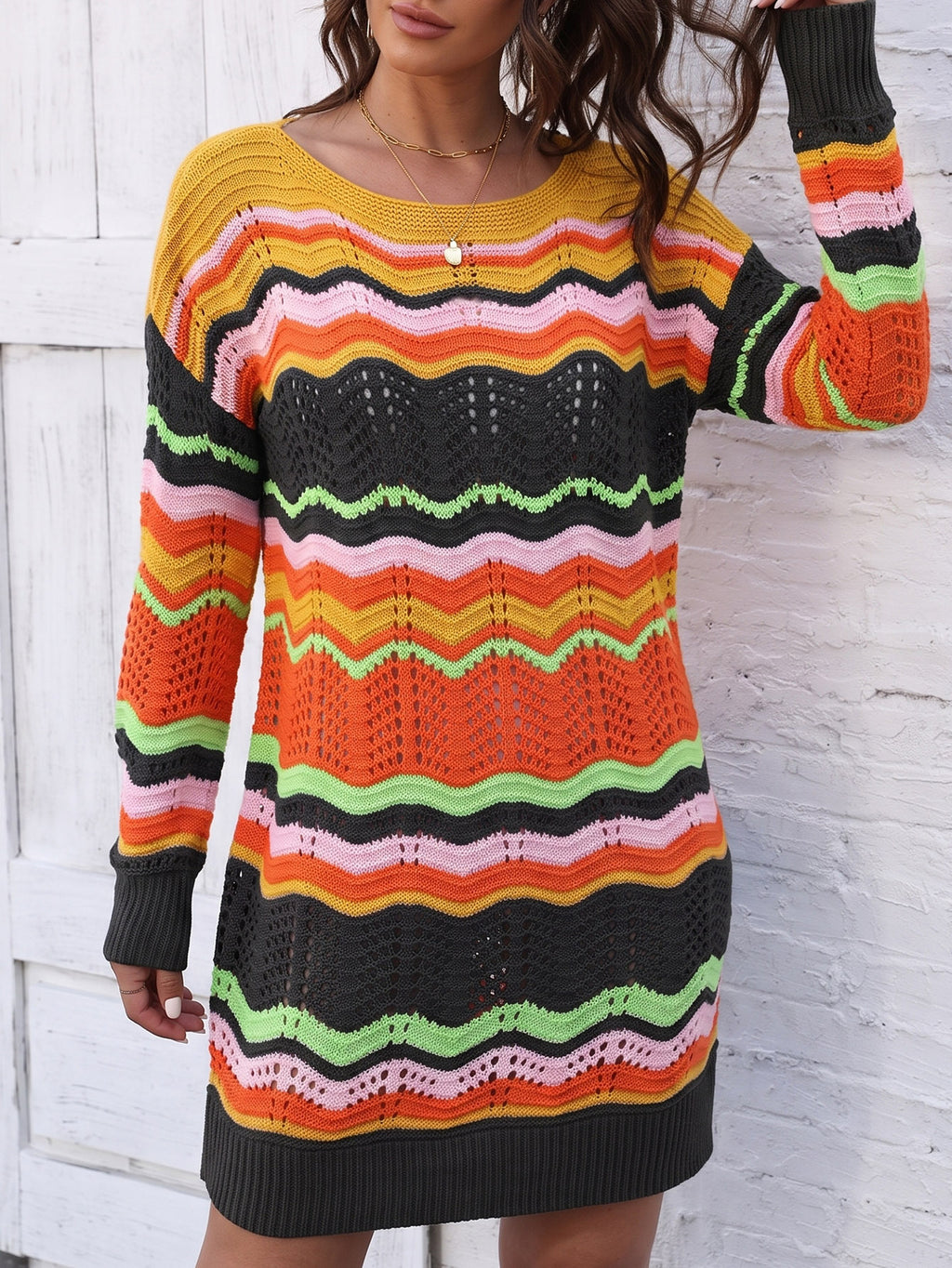 Lady's Dress Rainbow Pattern Woven Color-Blocked Stripe Pullover Knit Dress