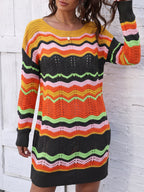 Lady's Dress Rainbow Pattern Woven Color-Blocked Stripe Pullover Knit Dress