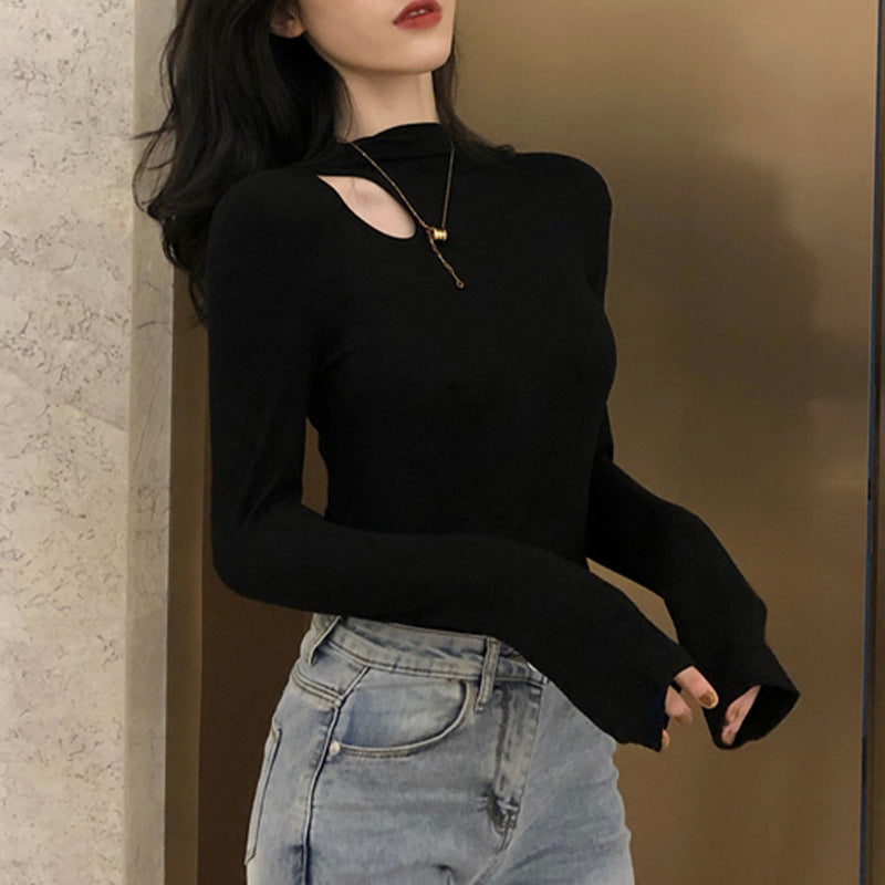 Chic Fitted Inner Top with Neckline Detail, Long Sleeve T-Shirt, Ribbed Mock Neck Base Layer for Women