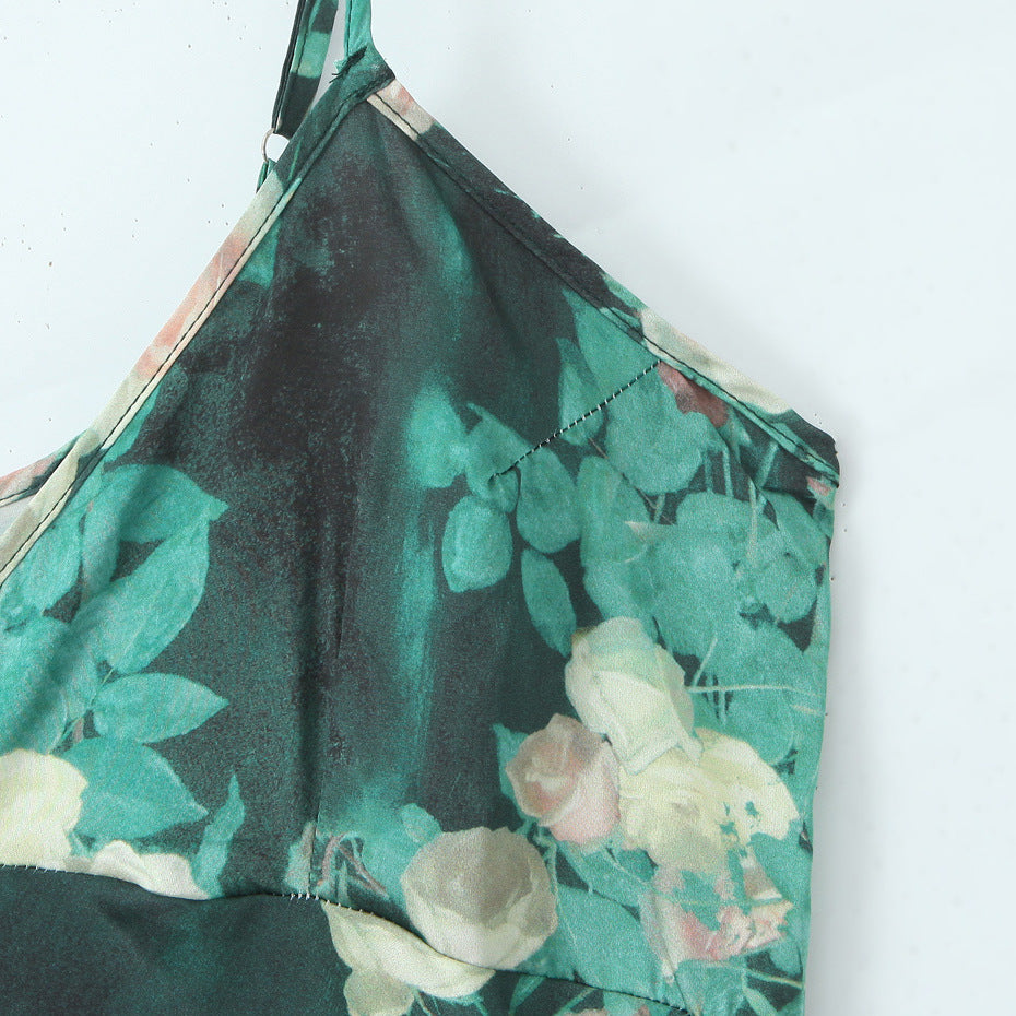 Vacation Style Dark Green Base Crying Rose Print Ankle-Length Dress for Women