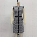 Vintage leather trimmed tweed vest A-line skirt dress