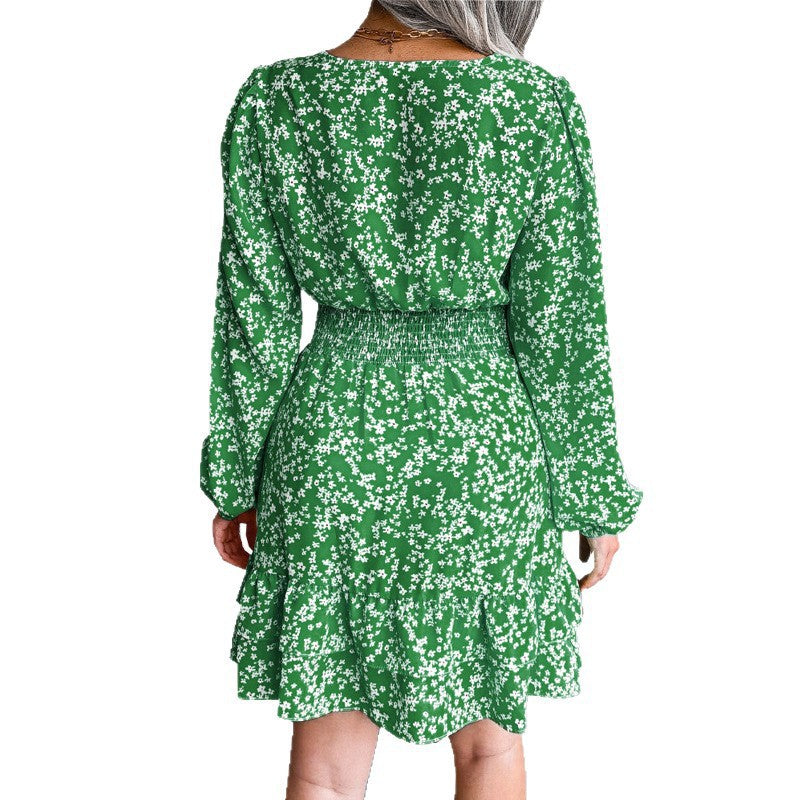 Spring Summer Floral V-Neck Chiffon Dress for Women