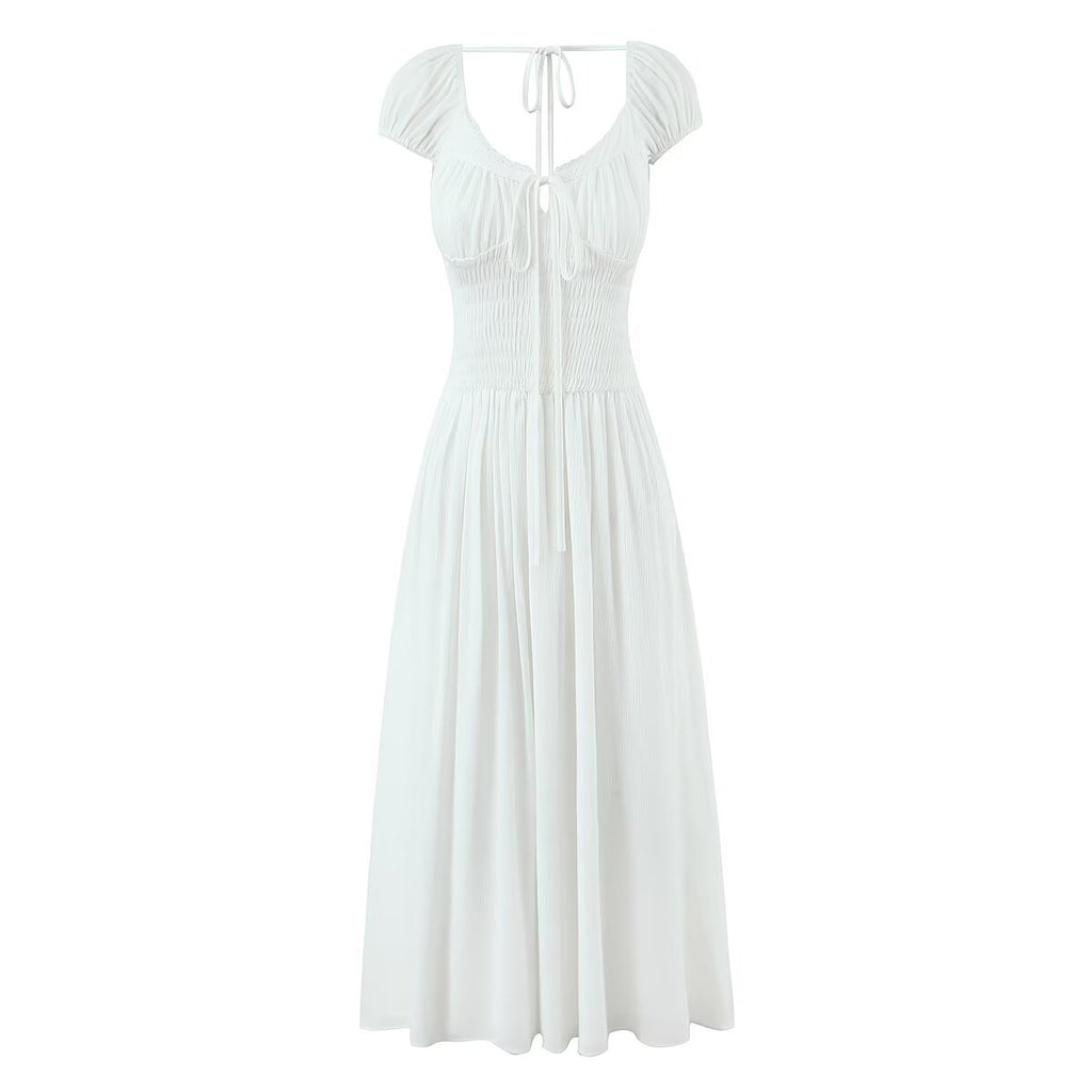 Backless tied long skirt with sweet bubble sleeves slim fit dress