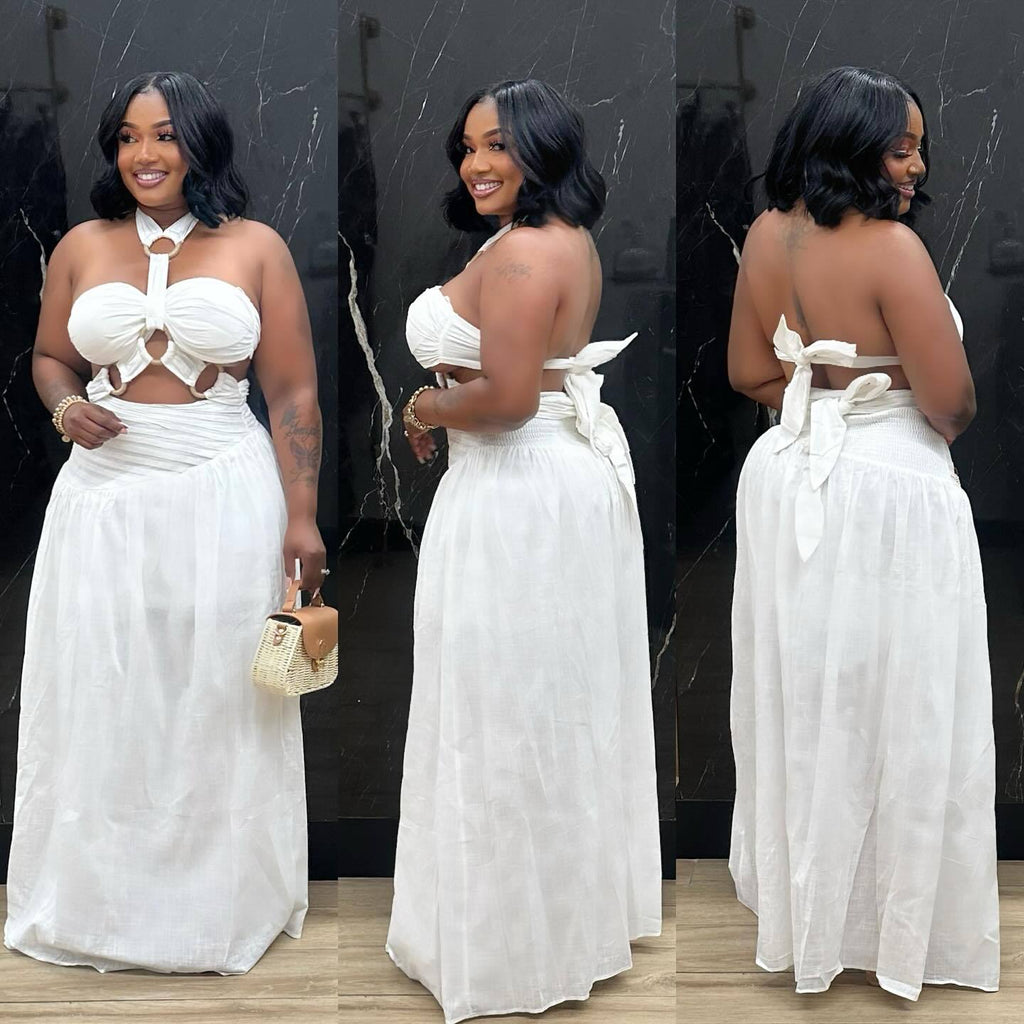 Women's Padded Strapless Top with Halter Neckline and Long Dress Two-Piece Set