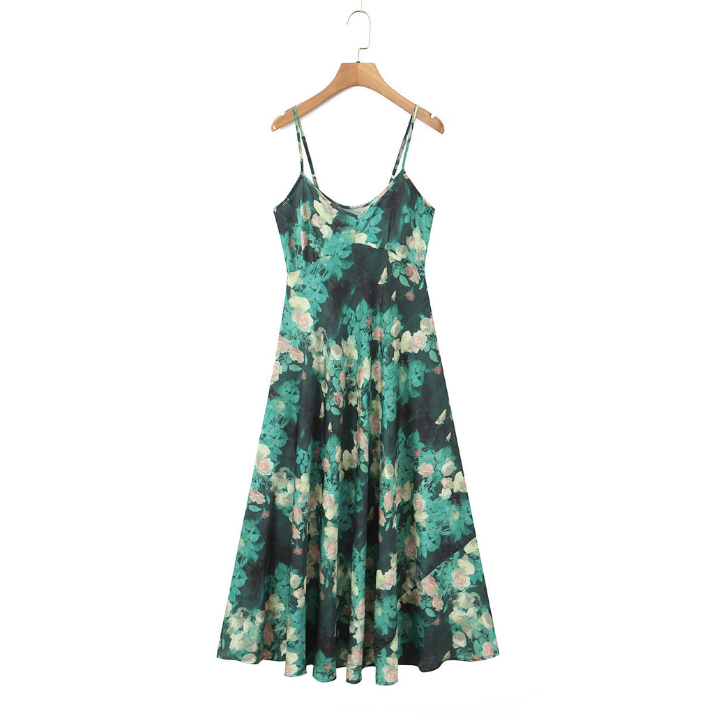 Vacation Style Dark Green Base Crying Rose Print Ankle-Length Dress for Women