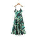 Vacation Style Dark Green Base Crying Rose Print Ankle-Length Dress for Women