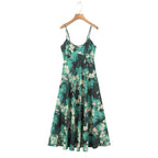 Vacation Style Dark Green Base Crying Rose Print Ankle-Length Dress for Women