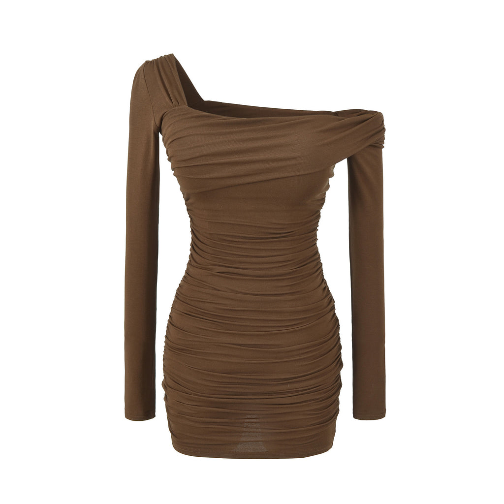Ruched Off-Shoulder Long Sleeve Slim Fit Bodycon Short Dress
