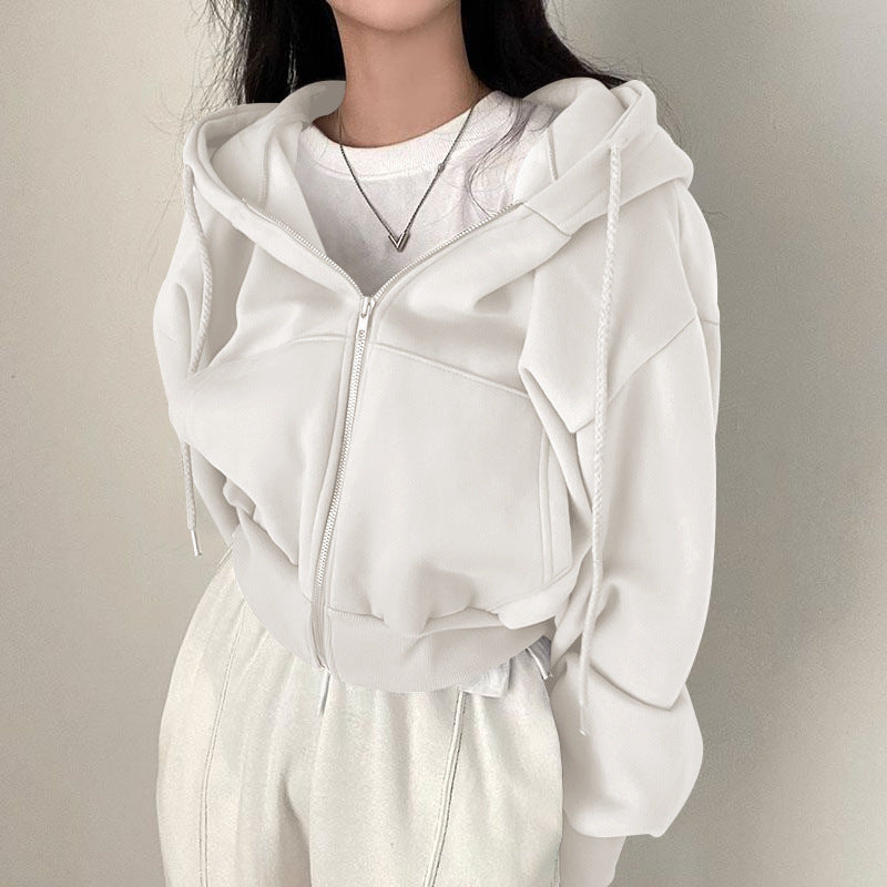 Zipper Warm Color Hoodie for Women Insulated Fashionable Short Length Slim Fit